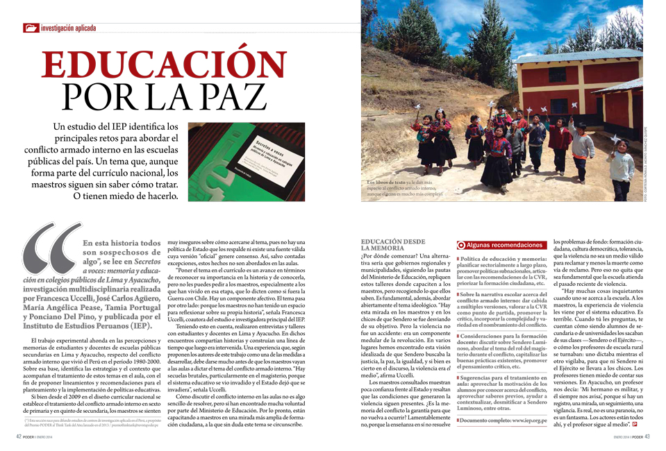 Educación por la paz: Estudio del IEP es destacado por la revista Poder